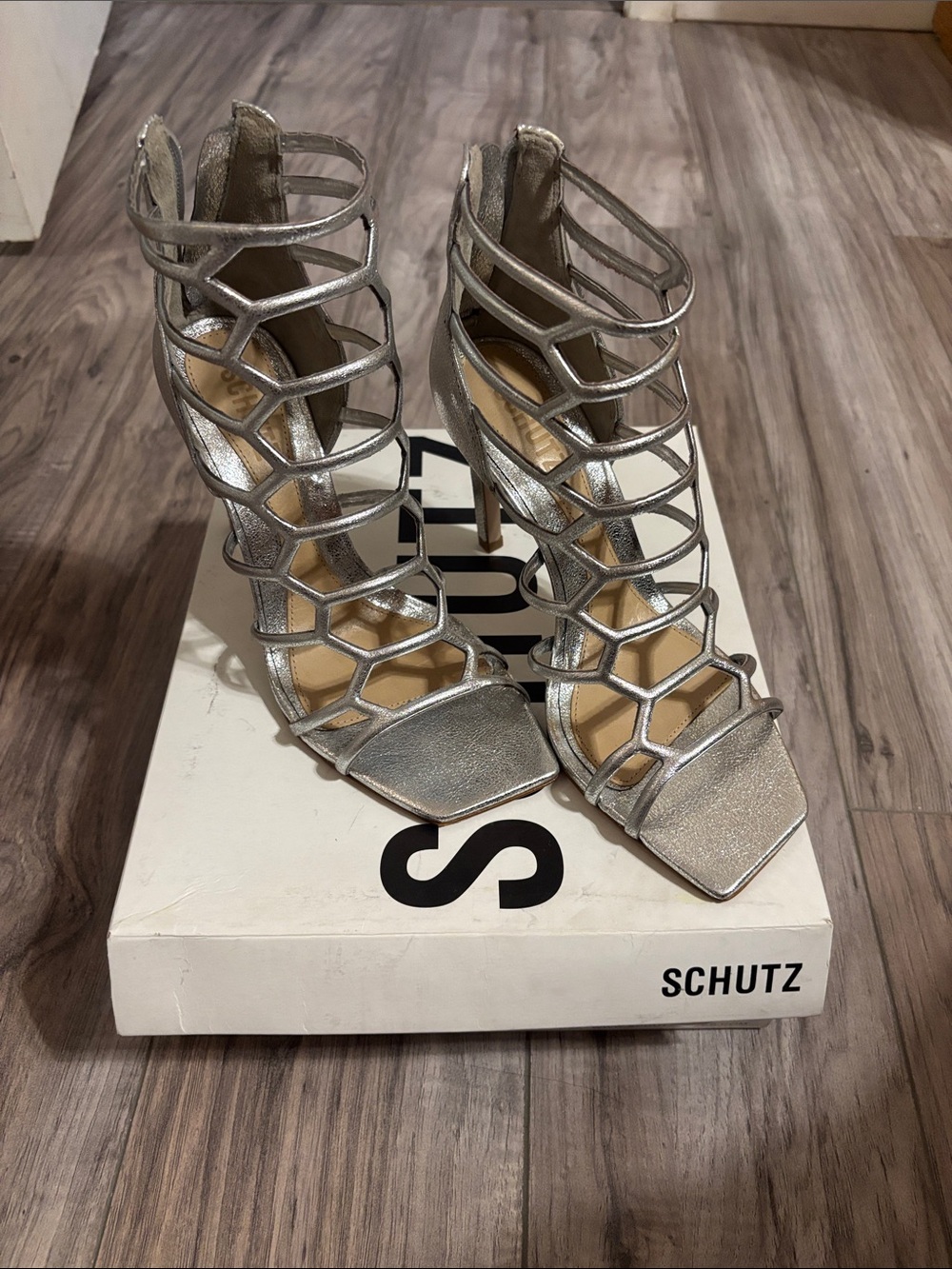 SCHUTZ Metallic Silver Cage High Heel Sandals